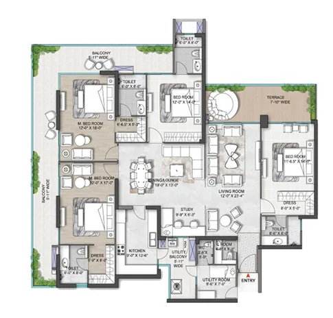 3 BHK + 3T floor plan — Ganga Nine Zero Sector 90