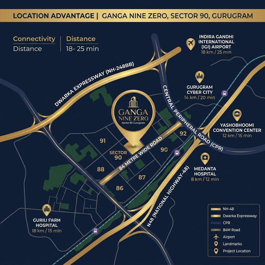 Ganga Nine Zero Sector 90 Gurugram location map near Dwarka Expressway